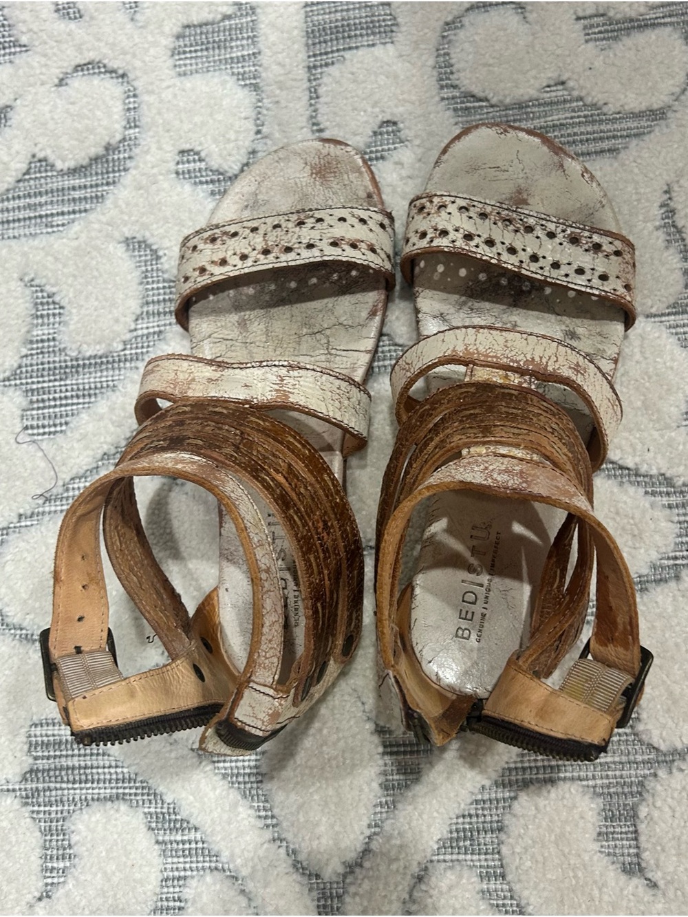 Bed Stu White and Brown Leather Strappy Sandals